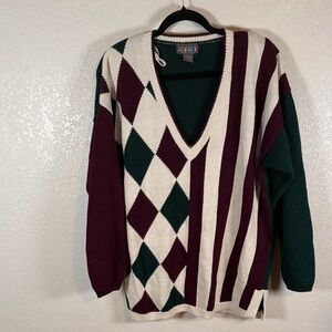 Vintage Paris Sport Club Mixed Print Burgundy & Green V Neck Sweater Size Large